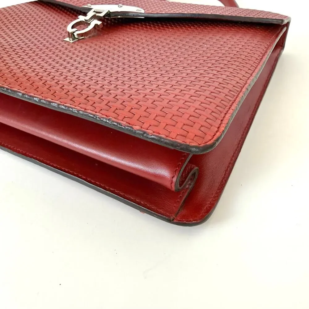 Ferragamo Gancini Woven Top Handle Satchel Bag Red Leather Made in Italy